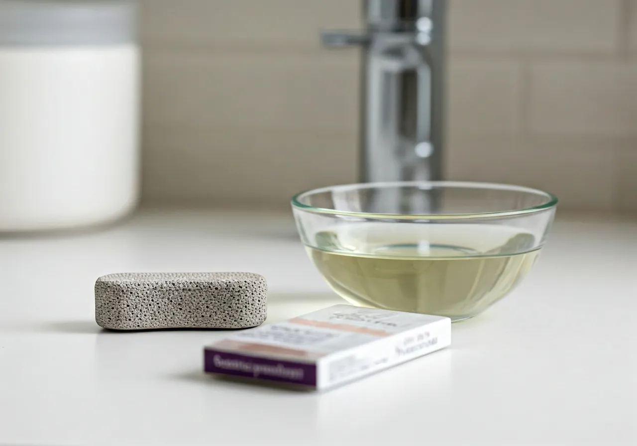 Pumice stone and warm water setup for wart treatment preparation